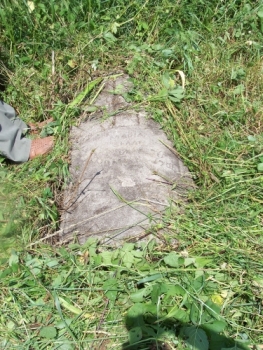 Jeden z odsłoniętych spod gęstych traw i ziemi nagrobków - tym razem grób Marii Smal.